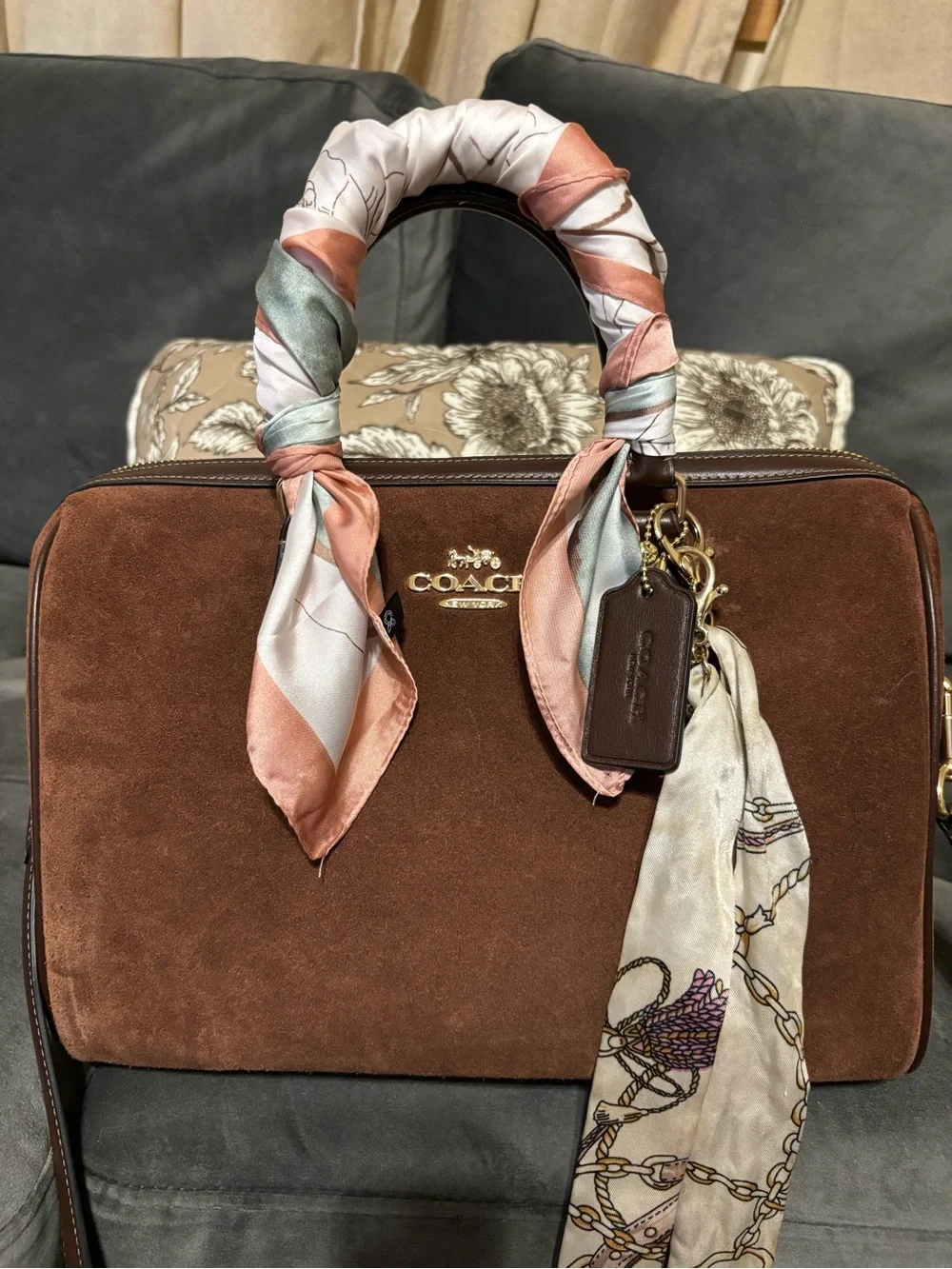 Coach Brown Suede Satchel with Dark Brown Leather Trim and Gold Hardware